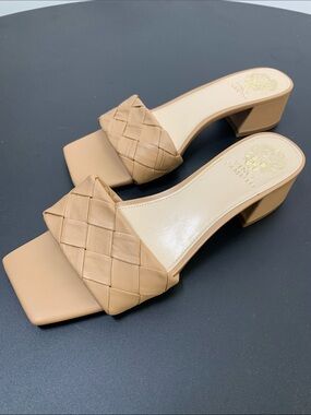 Vince Camuto Woven Strap Block Heel Sandals - Beige